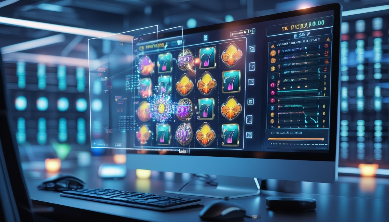 Monitor menampilkan permainan slot digital dengan aliran data dan proses pengacakan angka yang terhubung ke sistem komputer.