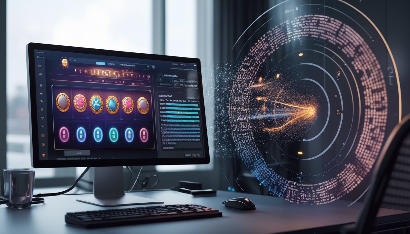 Komputer menampilkan permainan slot digital dengan visualisasi aliran angka acak dan pola algoritma.