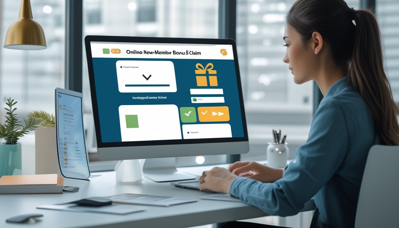 Seseorang meninjau proses klaim bonus anggota baru di laptop dengan daftar periksa dan ikon hadiah digital.