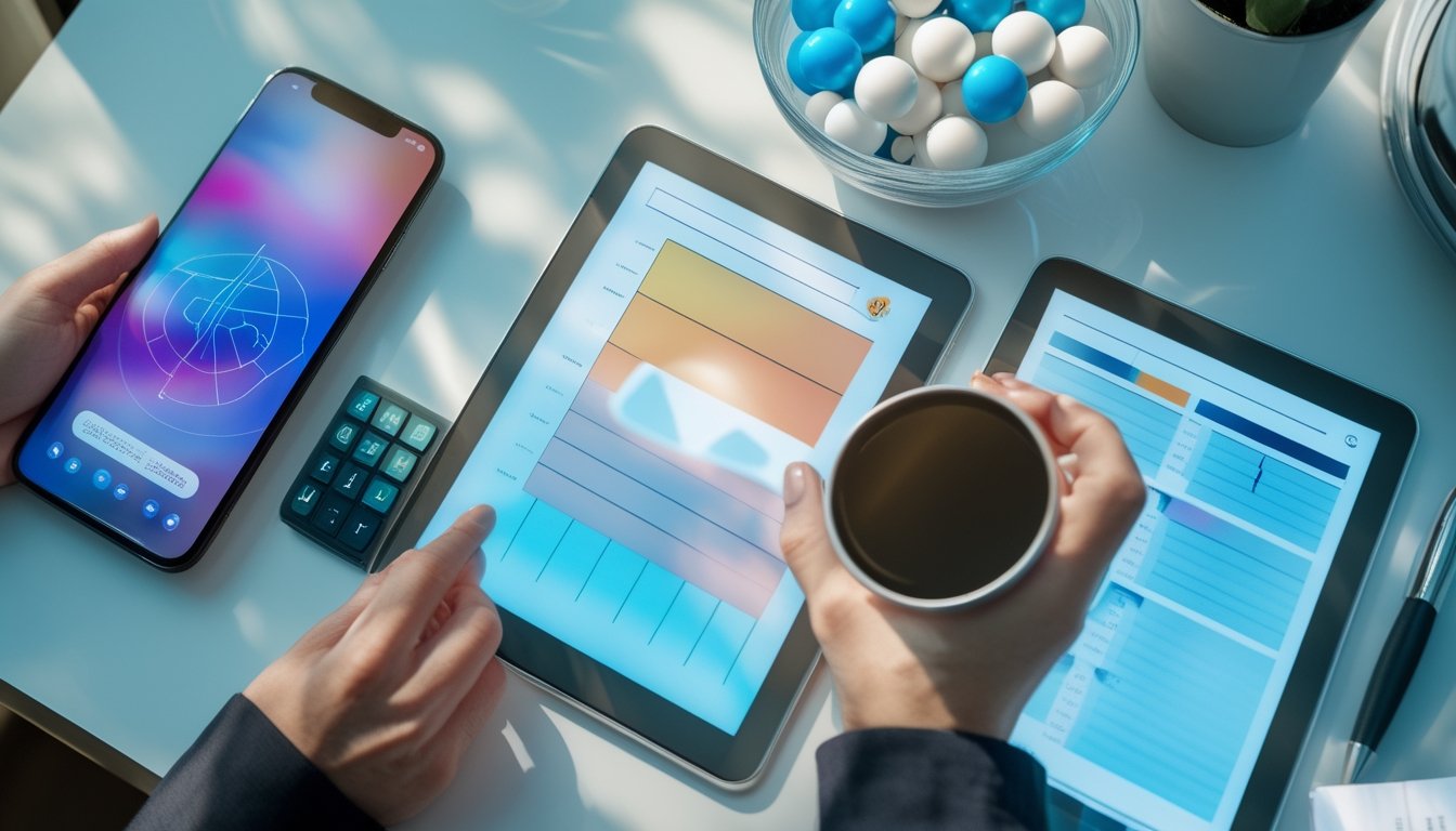 Seseorang menganalisis data prediksi lotre di meja kerja modern dengan ponsel, tablet, dan undian bola.