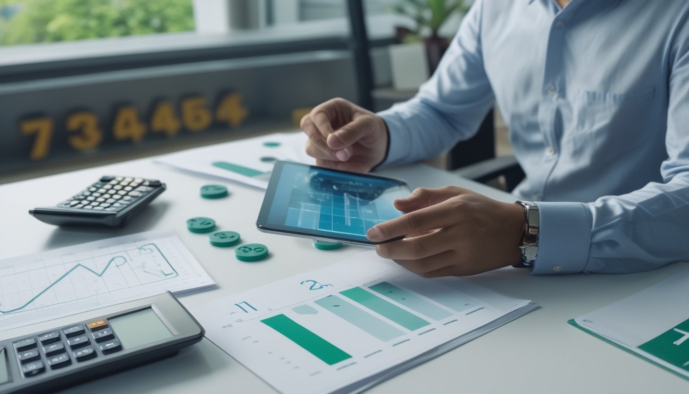 Seorang analis memeriksa grafik probabilitas dan angka abstrak di meja kerja modern.