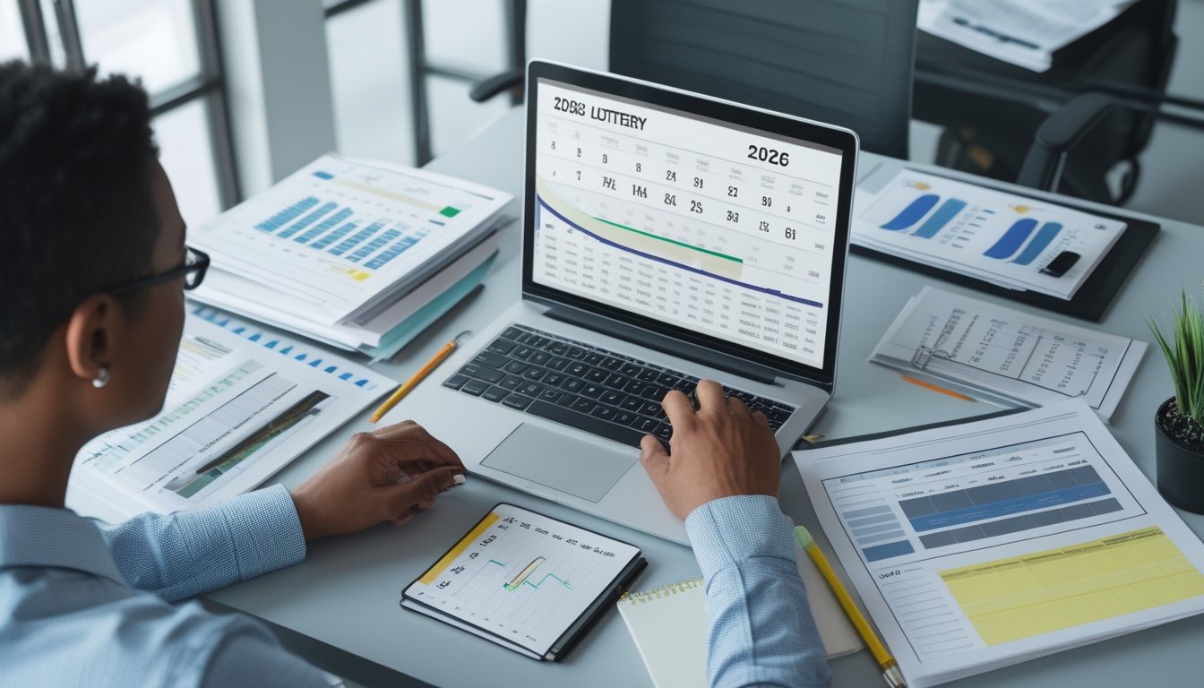 Seorang analis memeriksa tabel angka dan grafik statistik di meja kerja.