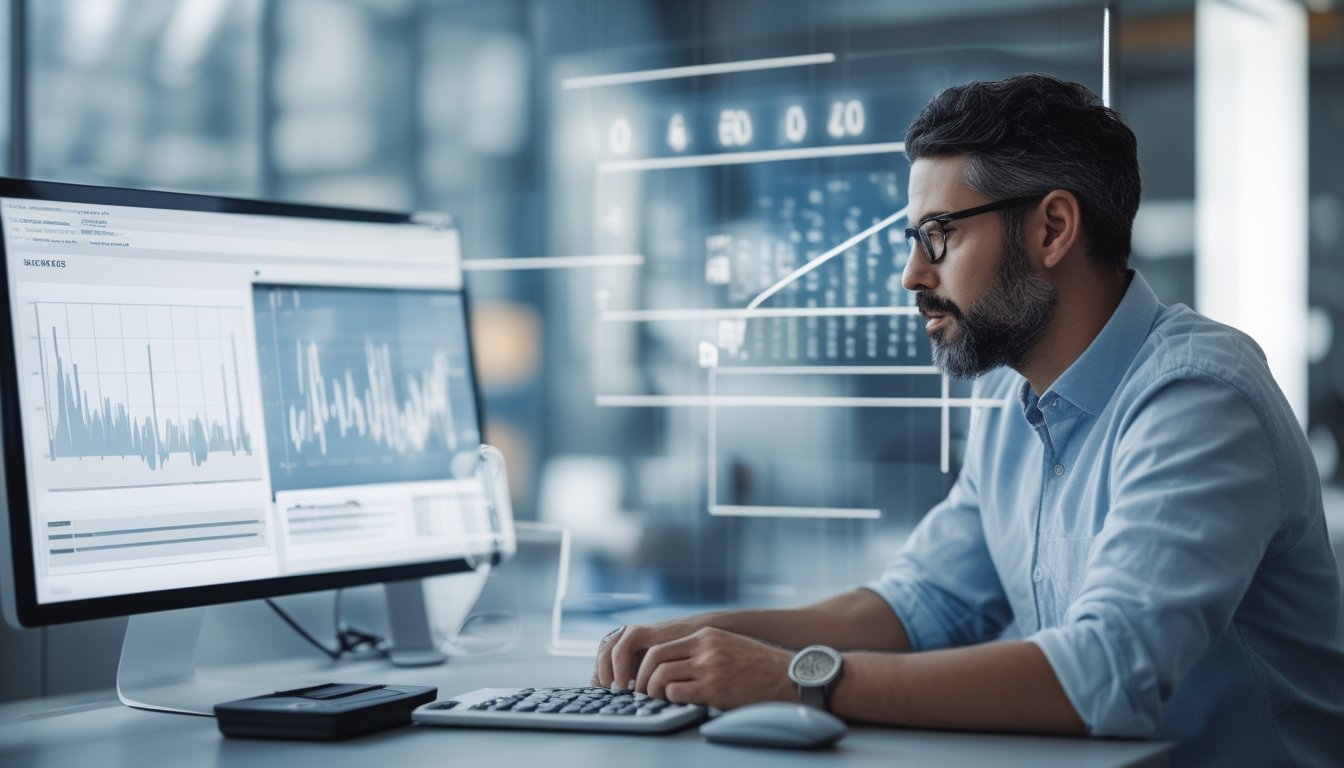 Analis data memeriksa grafik dan kumpulan data yang tidak lengkap di ruang kerja modern.
