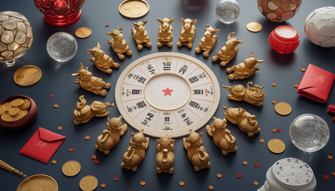 Susunan patung dua belas hewan zodiak Tionghoa dengan koin emas, amplop merah, lentera, dan bola undian di atas meja.