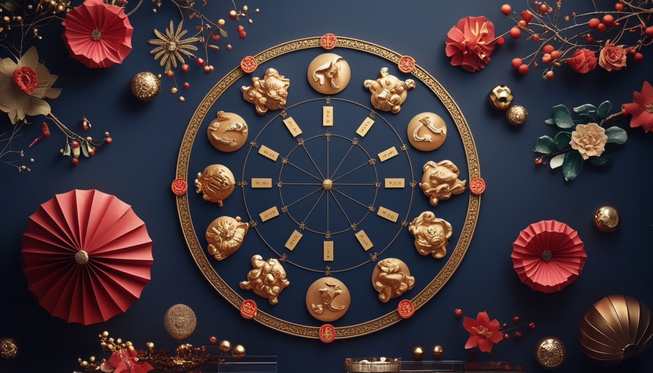 Roda dua belas hewan zodiak Tionghoa dengan simbol keberuntungan berwarna merah dan emas.