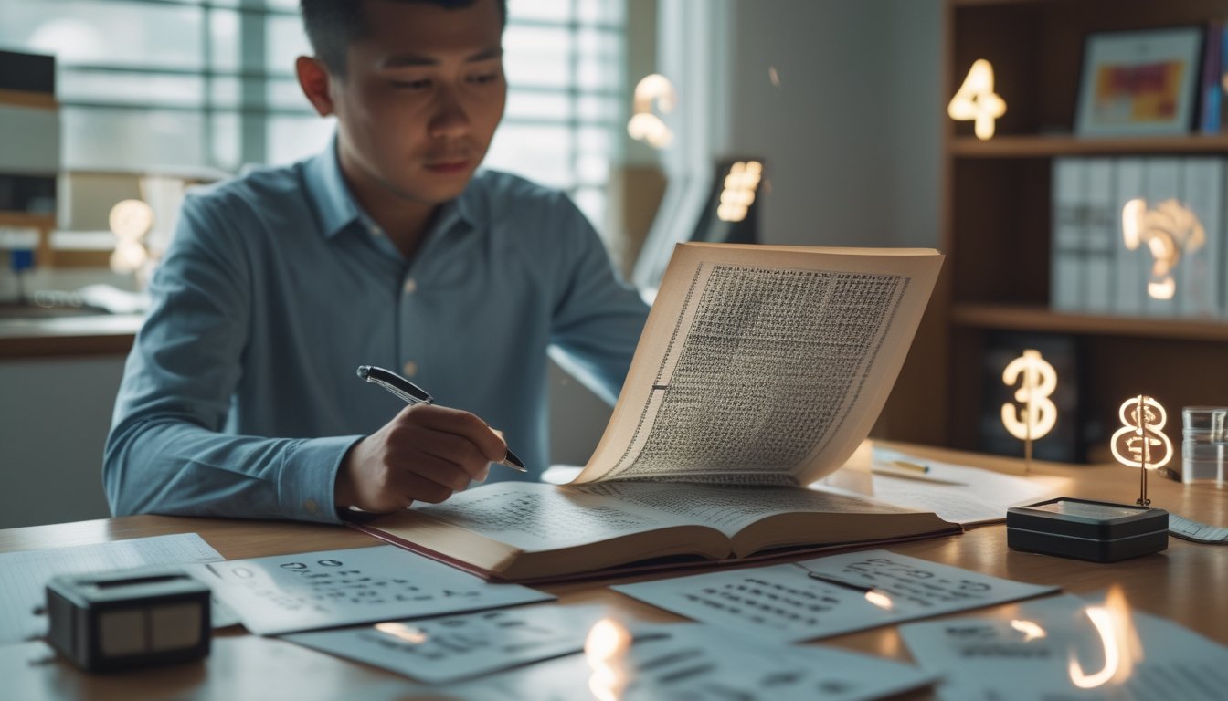 Seseorang mempelajari buku tafsir mimpi terbuka dengan kartu bernomor dan alat tulis di atas meja.