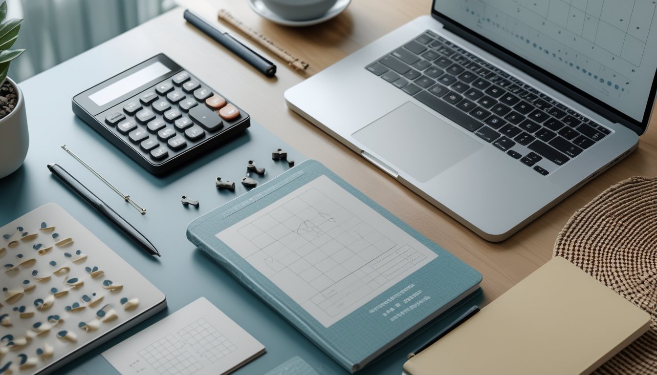 Meja kerja modern dengan kalkulator, kartu angka tanpa tulisan, buku catatan berpola, dan laptop yang menampilkan grafik netral.