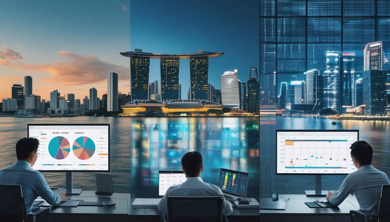 Analis pasar membandingkan data abstrak dengan latar kota Sydney, Singapura, dan Hong Kong.