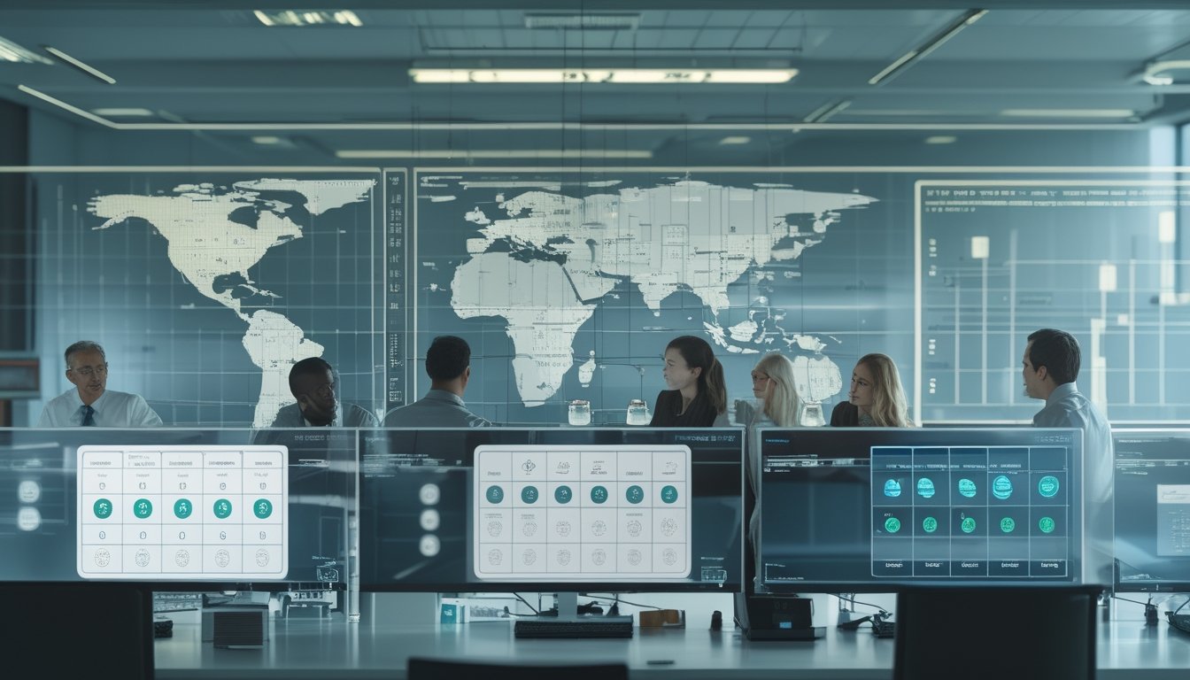 Analis dewasa meninjau peta dunia dan grafik data abstrak di ruang kerja modern.