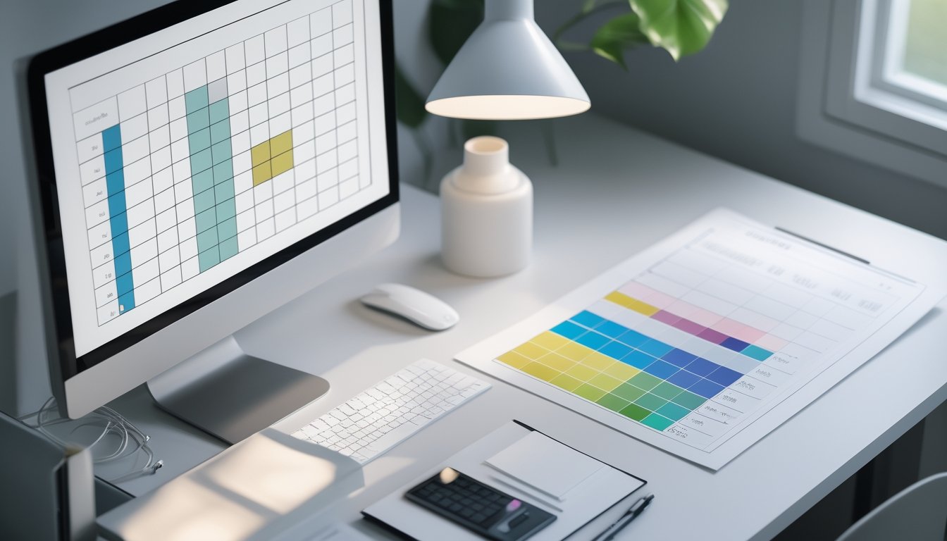 Meja kerja modern dengan monitor berisi tabel abstrak dan lembar data berwarna-warni.