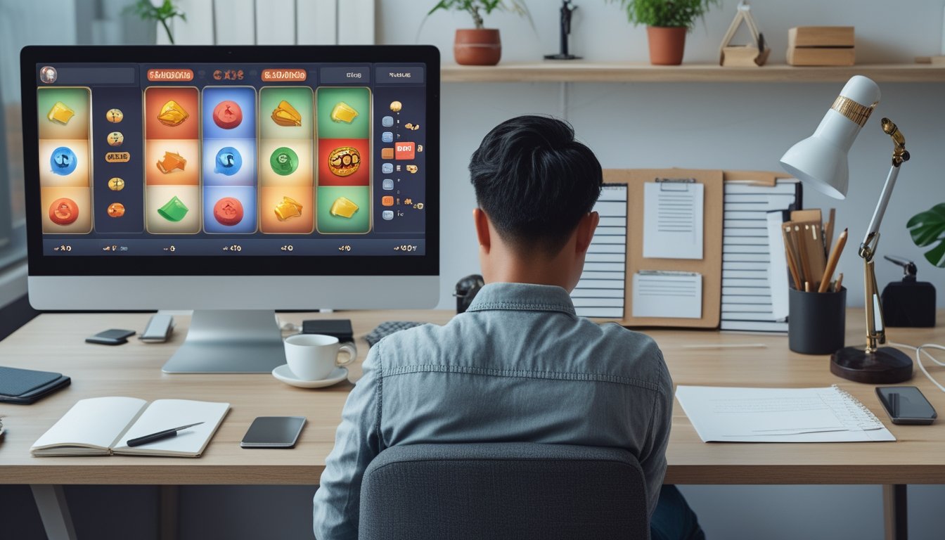 Seorang pemula mempelajari permainan slot digital di laptop pada meja kerja yang rapi.