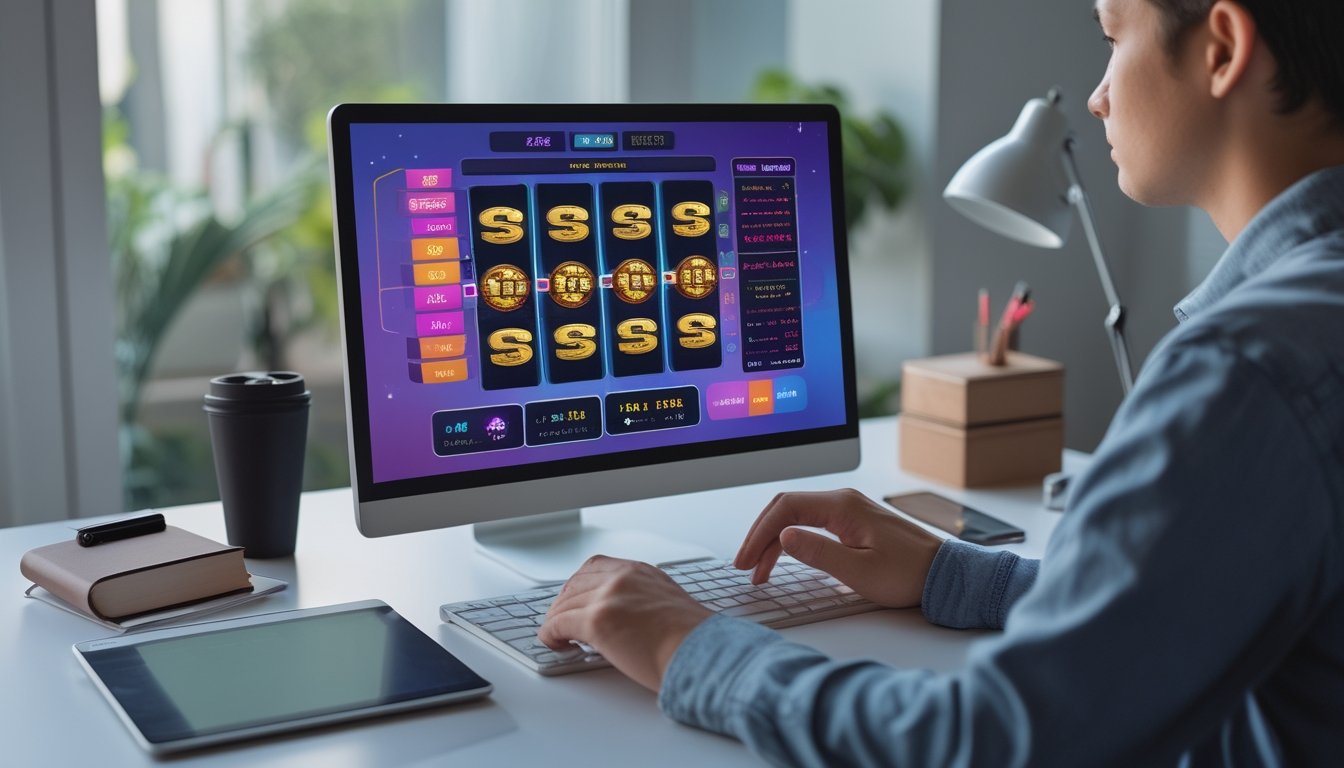 Seorang pemula mempelajari permainan slot melalui laptop di meja kerja yang rapi dengan catatan dan kalkulator.