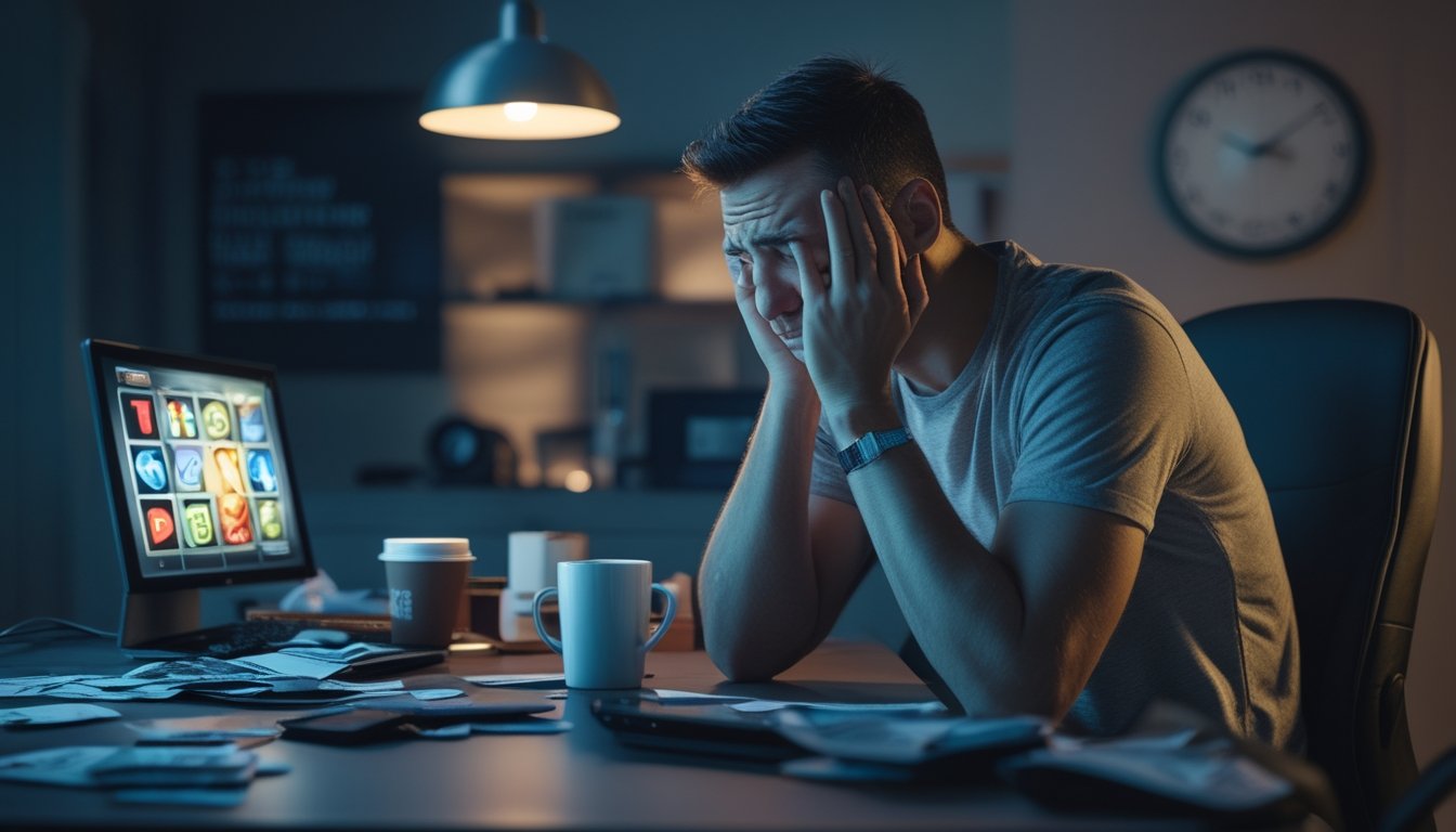 Seorang pemain slot online tampak menyesal di depan laptop dengan dompet hampir kosong dan barang-barang berserakan di meja.