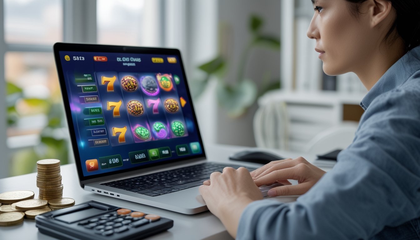 Seorang pemain dewasa duduk di meja sambil menatap permainan slot di laptop dengan sikap hati-hati, ditemani kalkulator dan koin.