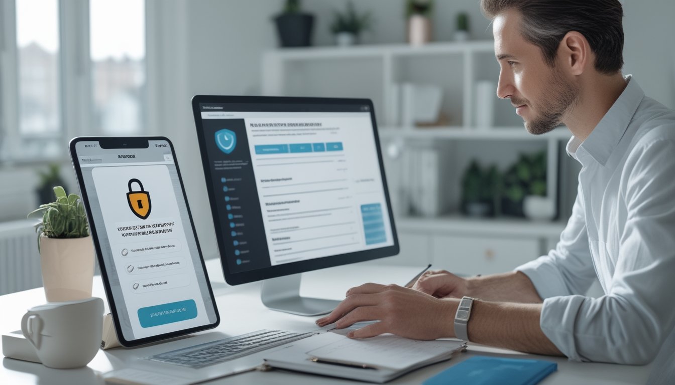 Seseorang memeriksa platform digital dengan simbol keamanan dan verifikasi di meja kerja modern.