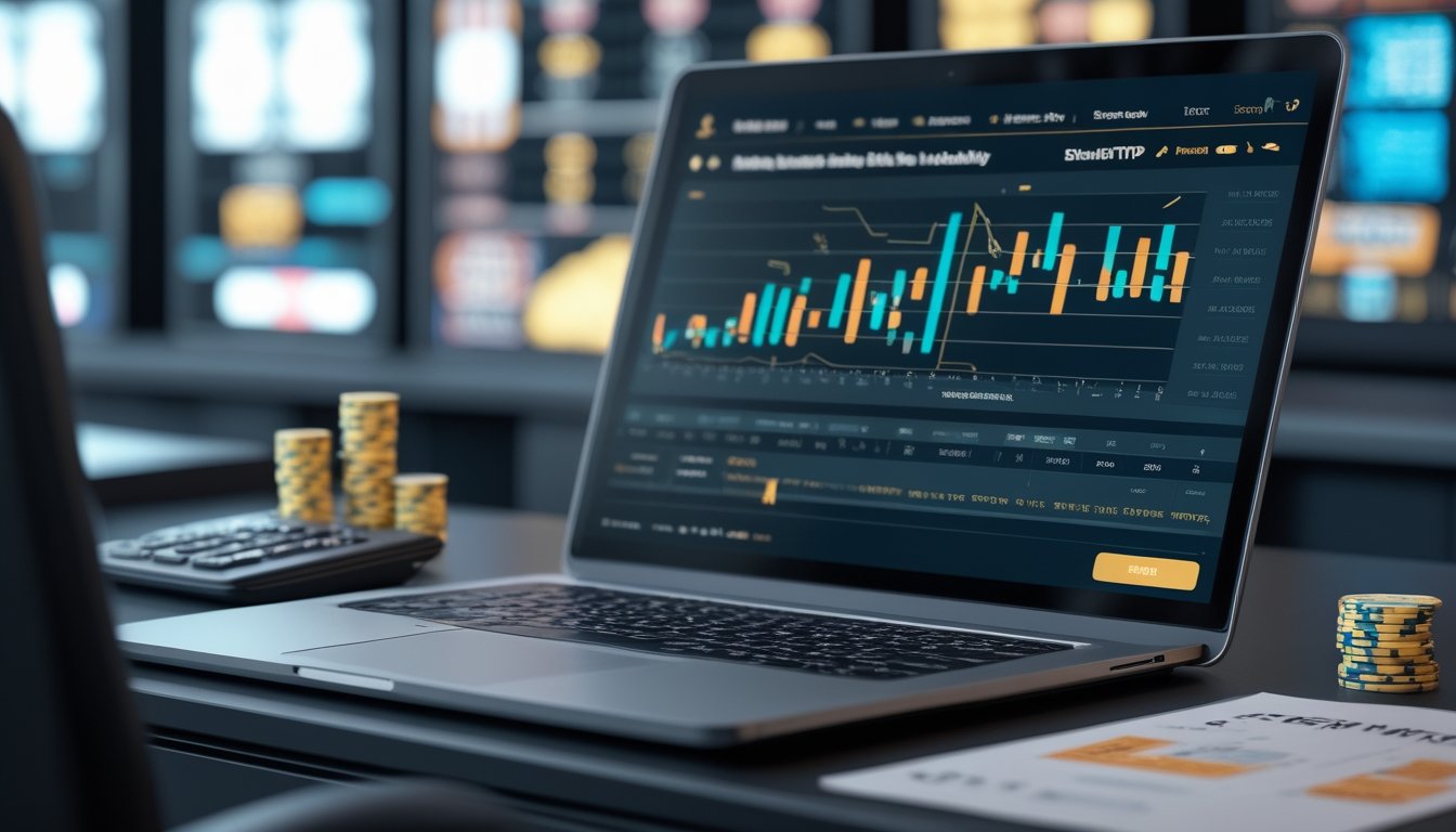 Meja analisis dengan laptop menampilkan grafik data permainan slot, kalkulator, dan beberapa keping kasino.