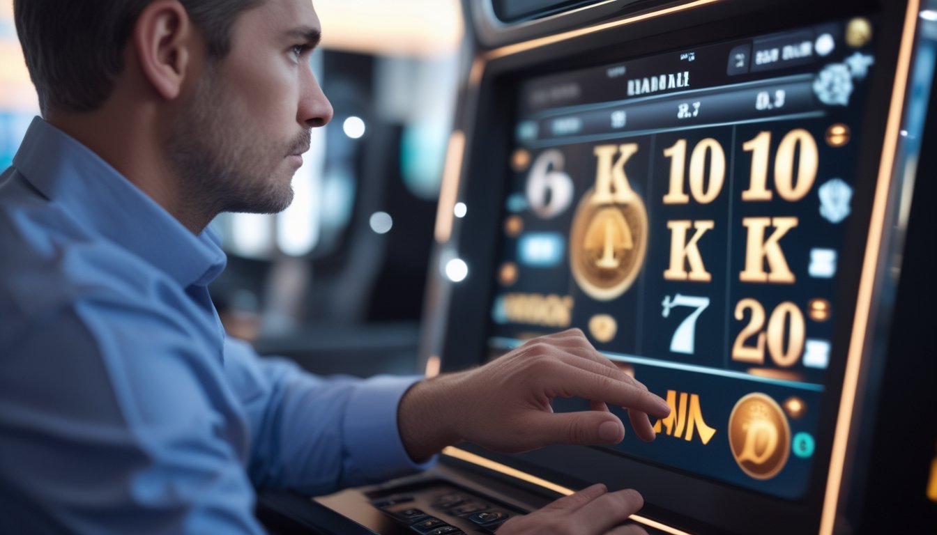 Seorang pemain dewasa menganalisis layar mesin slot digital di lingkungan kasino modern.