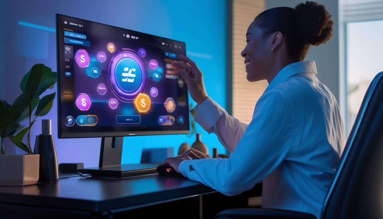 Orang dewasa memainkan permainan slot digital di depan komputer dengan tampilan putaran gratis yang berwarna-warni.