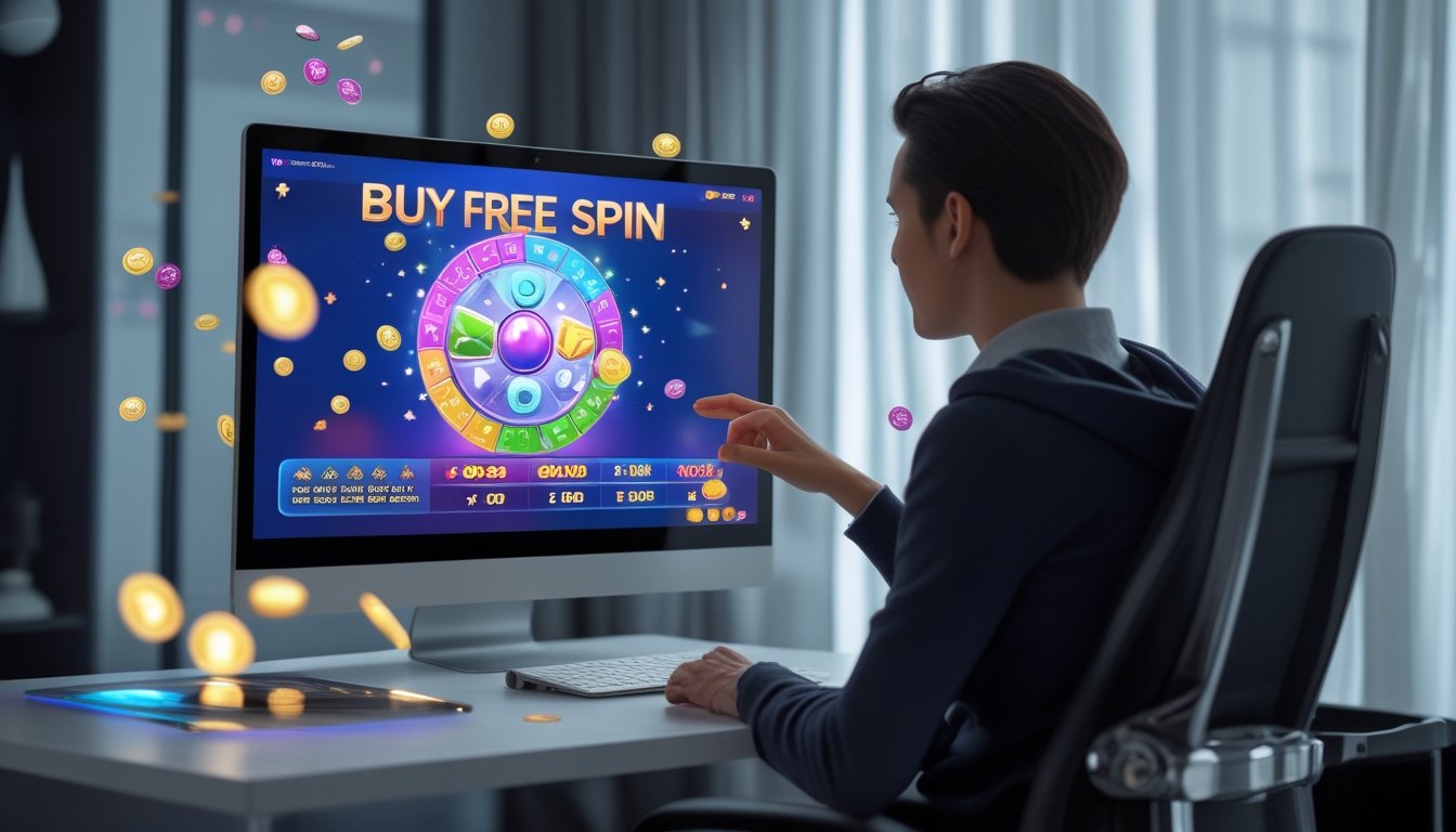 Seseorang menggunakan fitur bonus putaran pada permainan slot digital di depan monitor.
