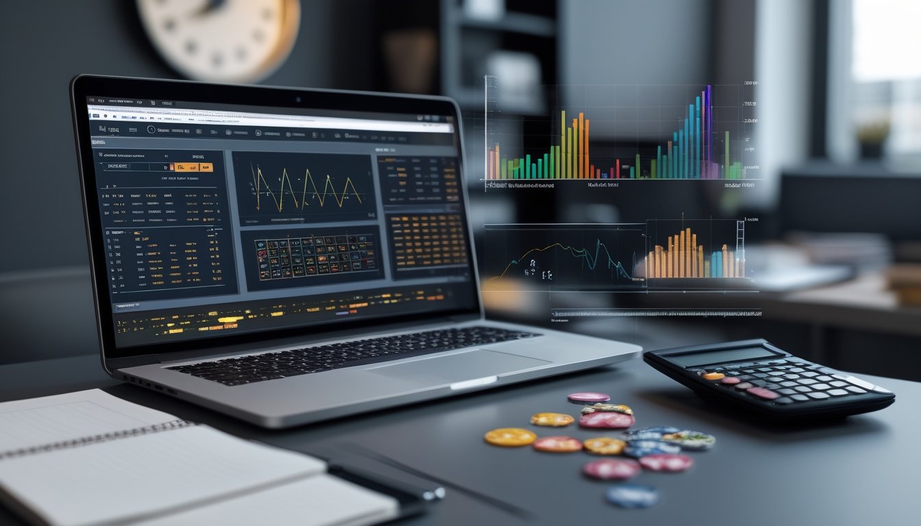 Seorang analis mempelajari grafik probabilitas dan pola acak di laptop pada meja kerja modern.