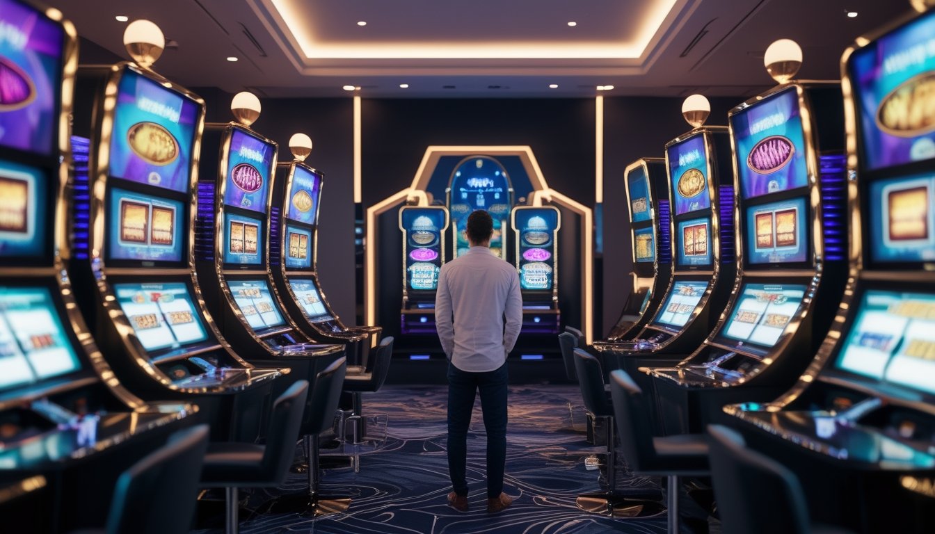Seorang pemain mengamati beberapa mesin slot modern dengan tampilan bonus putaran gratis yang bercahaya di suasana kasino.
