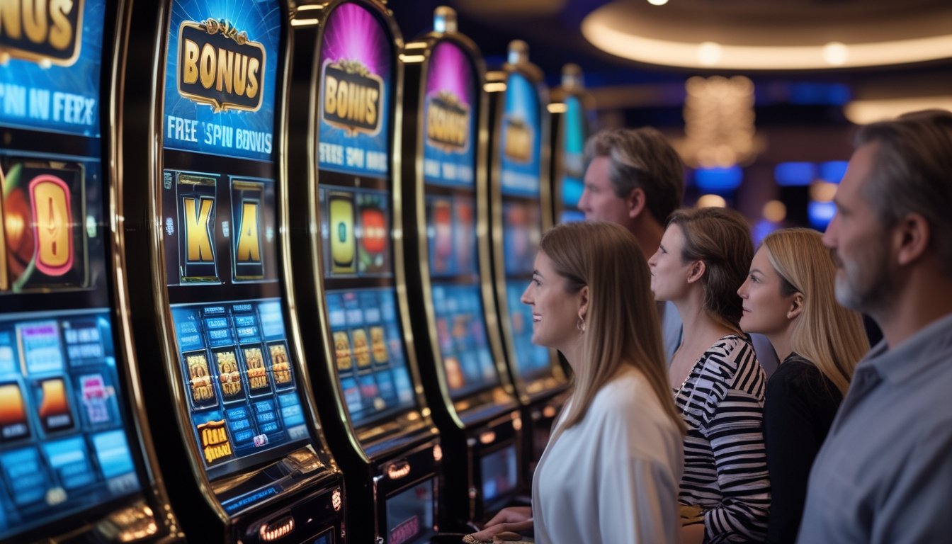 Pemain dewasa mengamati beberapa mesin slot modern dengan berbagai animasi bonus putaran gratis.