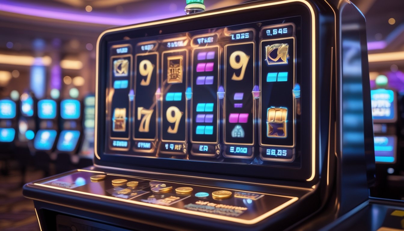 Mesin slot digital dengan susunan gulungan dinamis, simbol berwarna, dan efek kemenangan beruntun.