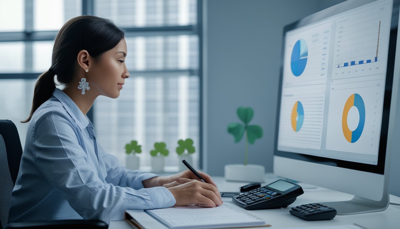 Seorang analis dewasa memeriksa grafik dan data numerik abstrak di meja kerja modern.