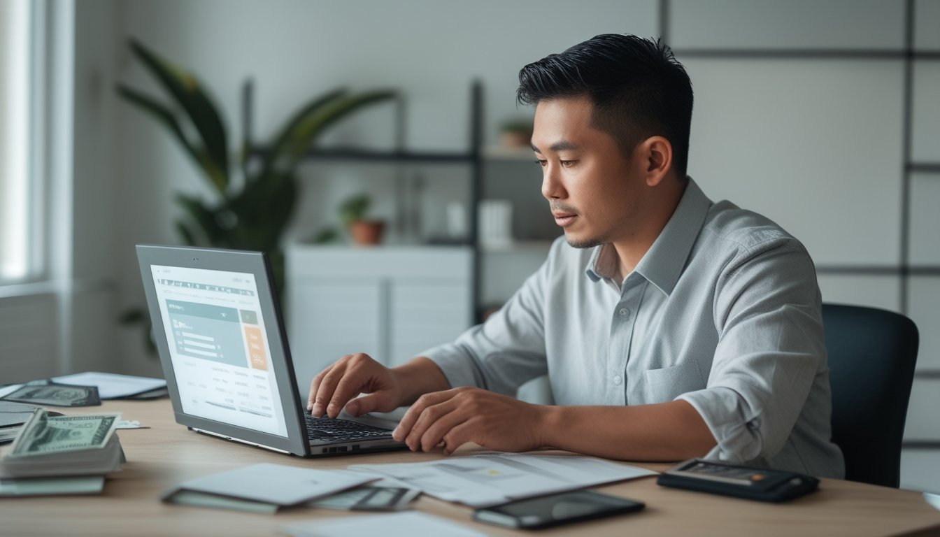 Seorang pria menyusun anggaran keuangan di meja kerja dengan laptop, kalkulator, dan dompet.