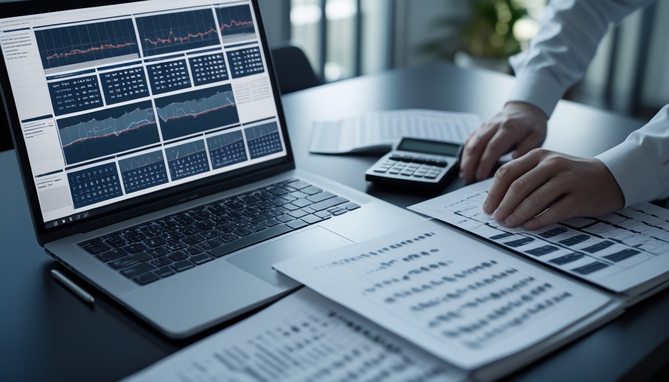 Tangan peneliti menganalisis grafik dan pola data abstrak di meja kerja dengan laptop dan kalkulator.