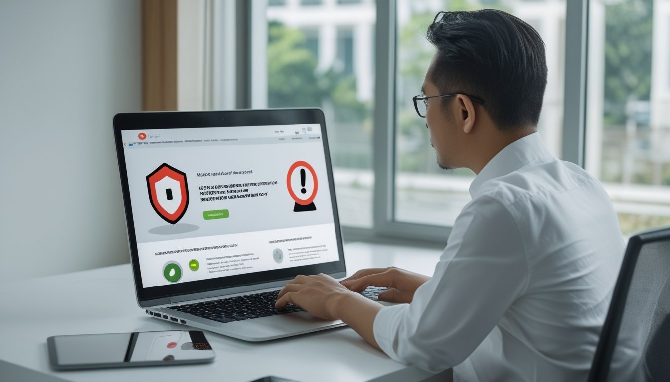 Seseorang memeriksa laptop dan ponsel dengan simbol peringatan keamanan untuk menghindari situs penipuan.
