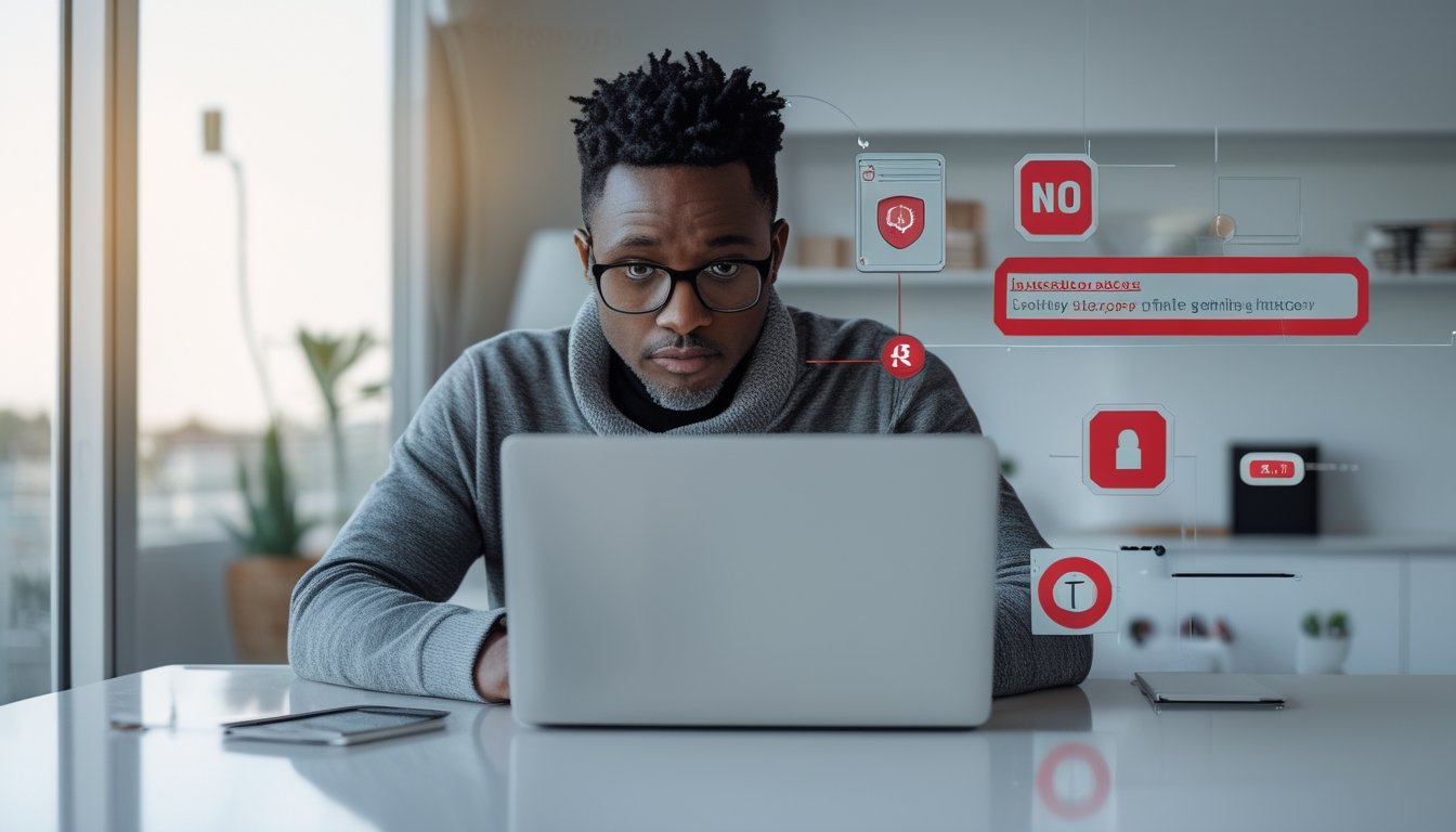 Seseorang memeriksa situs lotre daring yang mencurigakan dengan bantuan simbol peringatan dan keamanan.