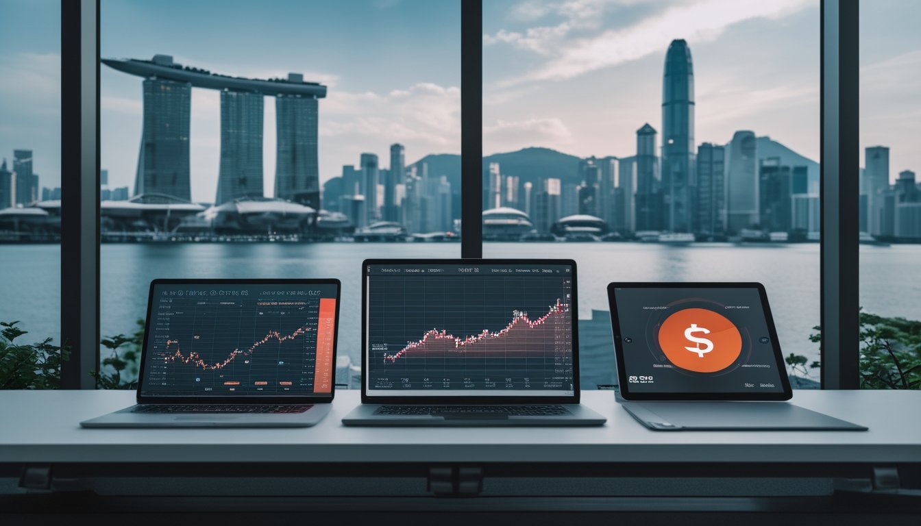 Meja kerja modern dengan laptop berisi grafik abstrak, peta Asia Tenggara, serta siluet kota Singapura dan Hong Kong.