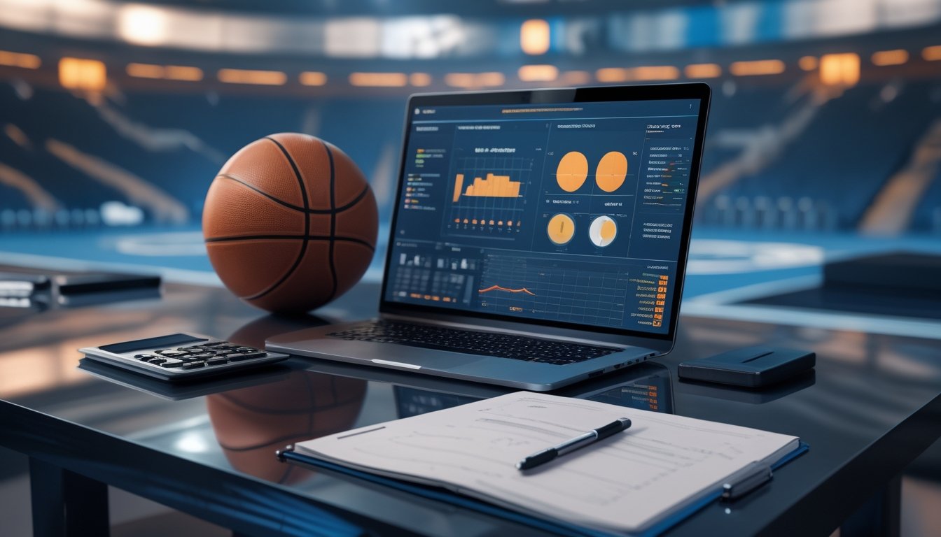 Meja kerja modern dengan bola basket, laptop berisi grafik analisis, dan latar arena basket.