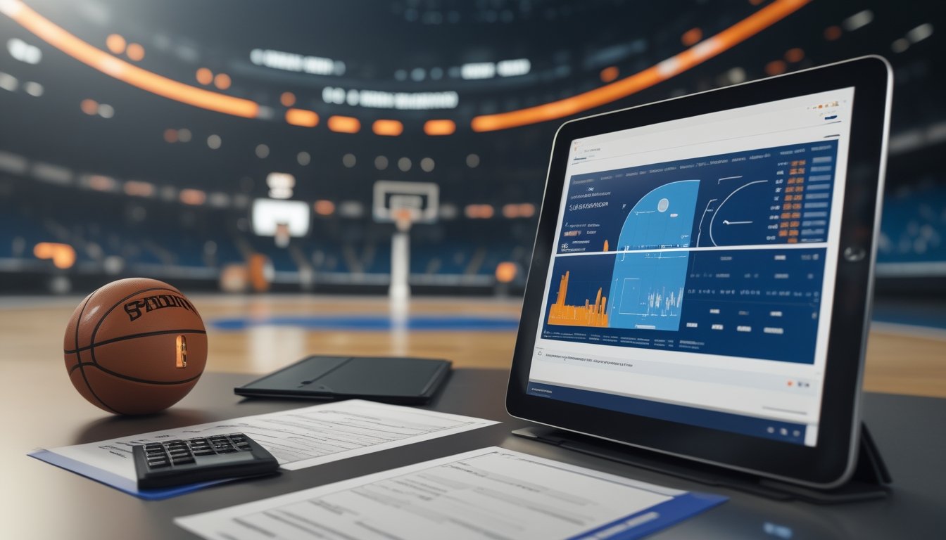 Meja analisis dengan bola basket, perangkat digital, dan arena basket yang tampak samar di latar belakang.