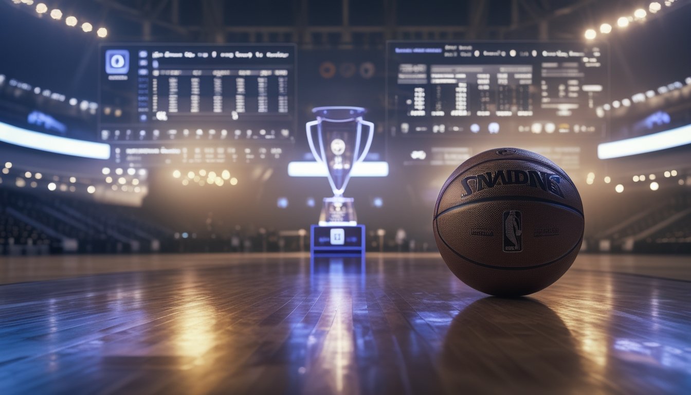 Bola basket di lapangan arena dengan trofi dan cahaya stadion, menggambarkan prediksi juara serta analisis pertandingan NBA.