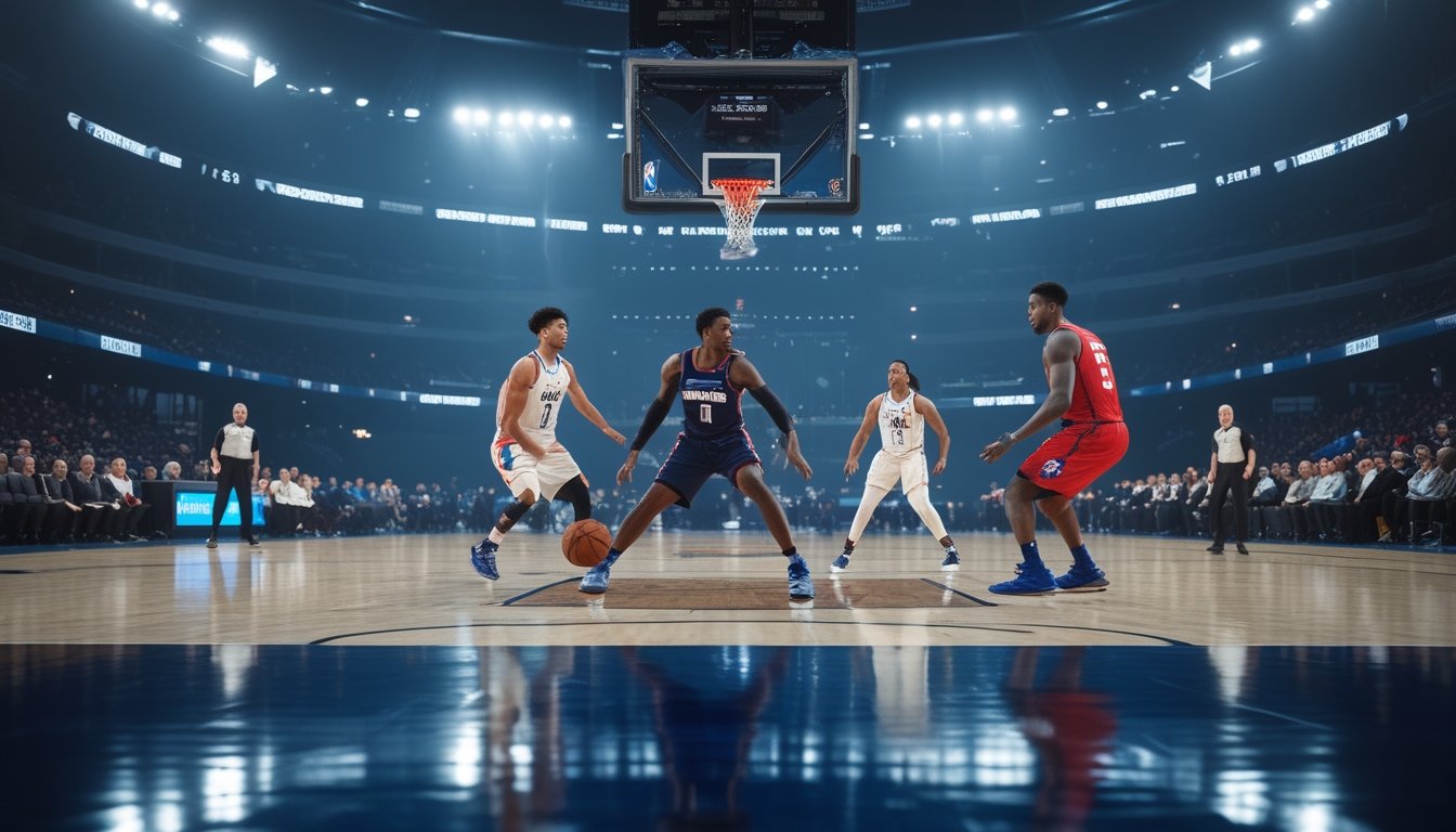 Pertandingan bola basket profesional berlangsung di arena dengan pemain dan pelatih yang fokus.