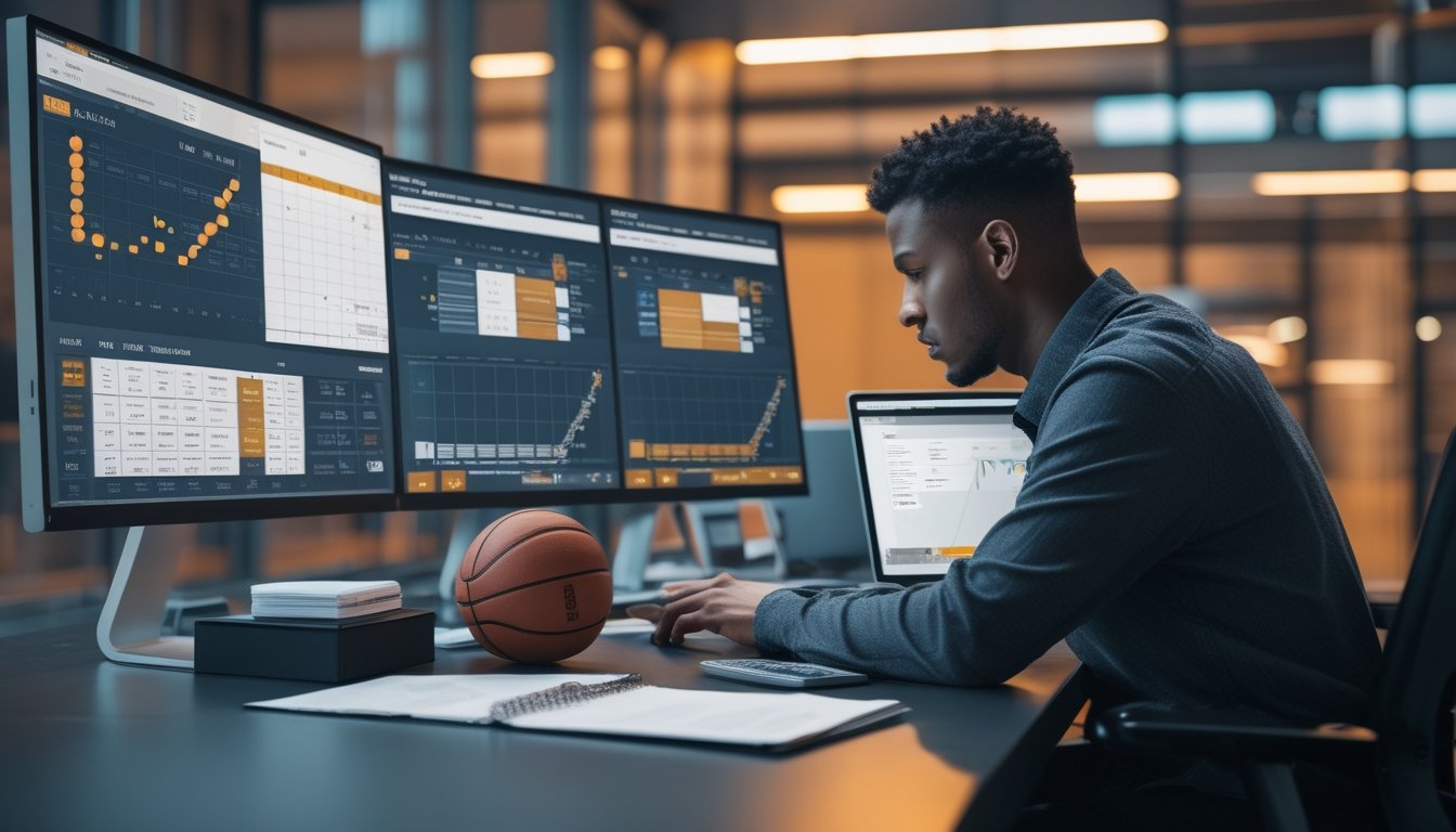 Analis olahraga meninjau jadwal pertandingan basket, statistik, dan rute perjalanan untuk menganalisis jadwal padat tim.