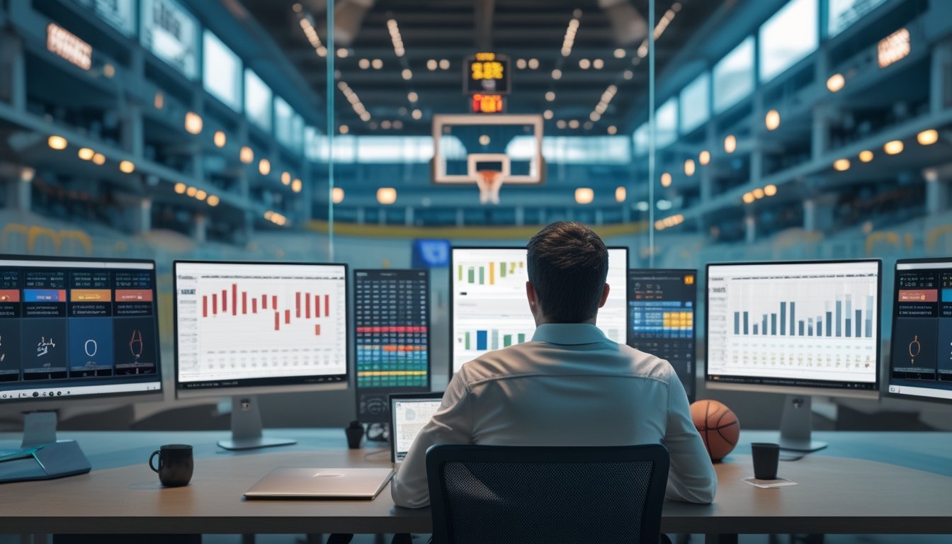 Analis olahraga mempelajari jadwal pertandingan padat, data performa, dan rute perjalanan tim basket di ruang kerja modern.