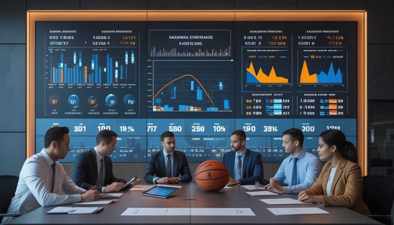 Analis olahraga bekerja sama menganalisis data dan tren bola basket di ruang kerja modern.