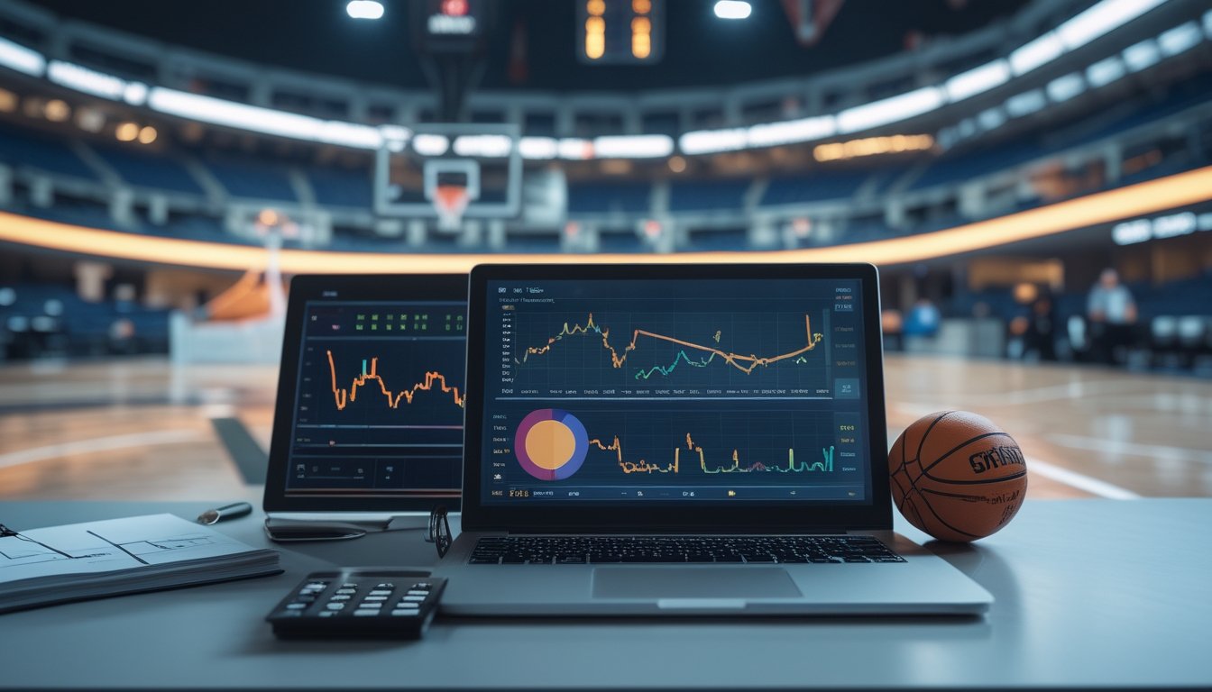 Meja analisis olahraga dengan laptop berisi grafik abstrak, bola basket, dan arena basket di latar belakang.