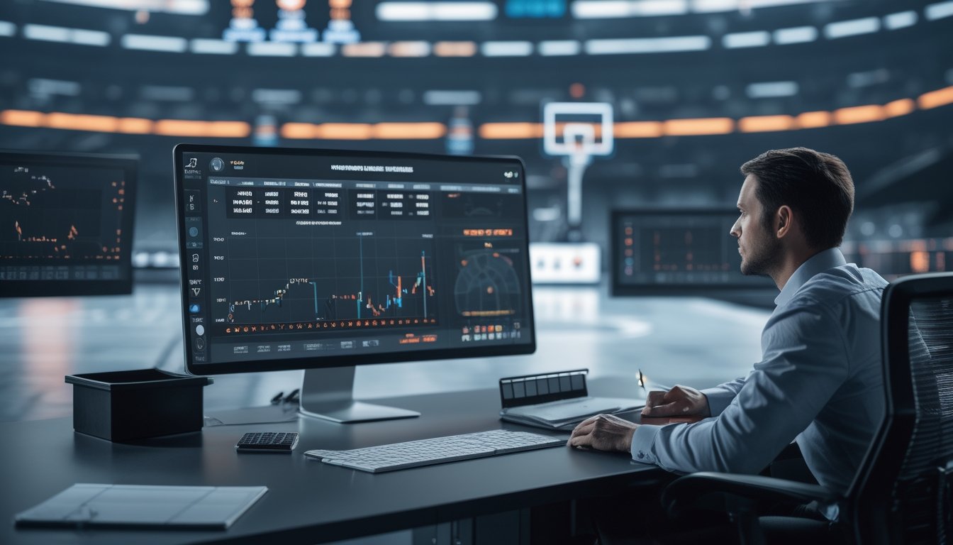 Seorang analis olahraga mempelajari data pertandingan basket dan grafik statistik di ruang kerja modern.
