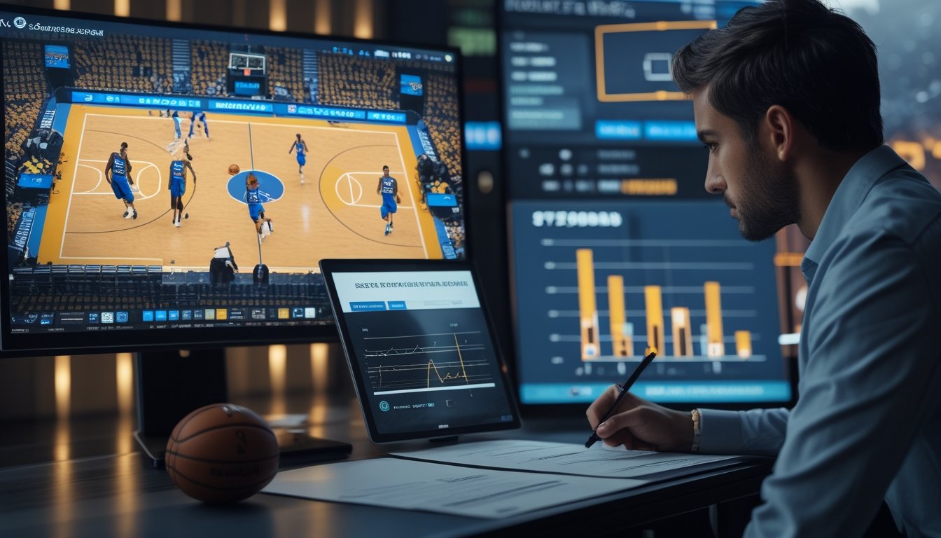Analis olahraga menganalisis data pertandingan basket NBA di beberapa layar.