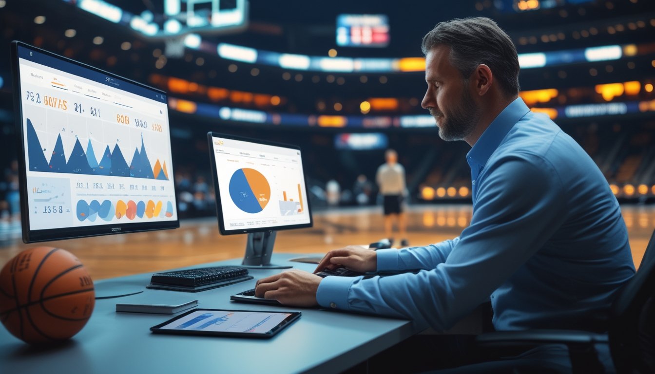 Analis olahraga mempelajari grafik statistik pertandingan basket di meja dengan bola basket dan tablet.