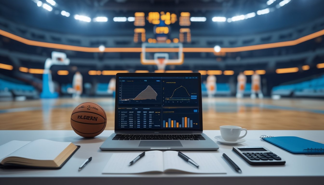 Meja analisis dengan laptop berisi grafik pertandingan bola basket, bola basket, dan arena NBA di latar belakang.