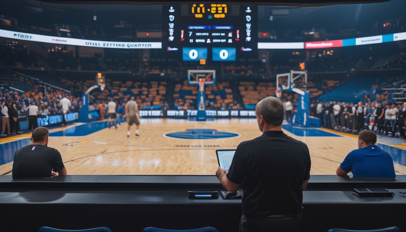 Pertandingan basket NBA berlangsung sengit di kuarter keempat, sementara seorang analis mengamati permainan melalui tablet.