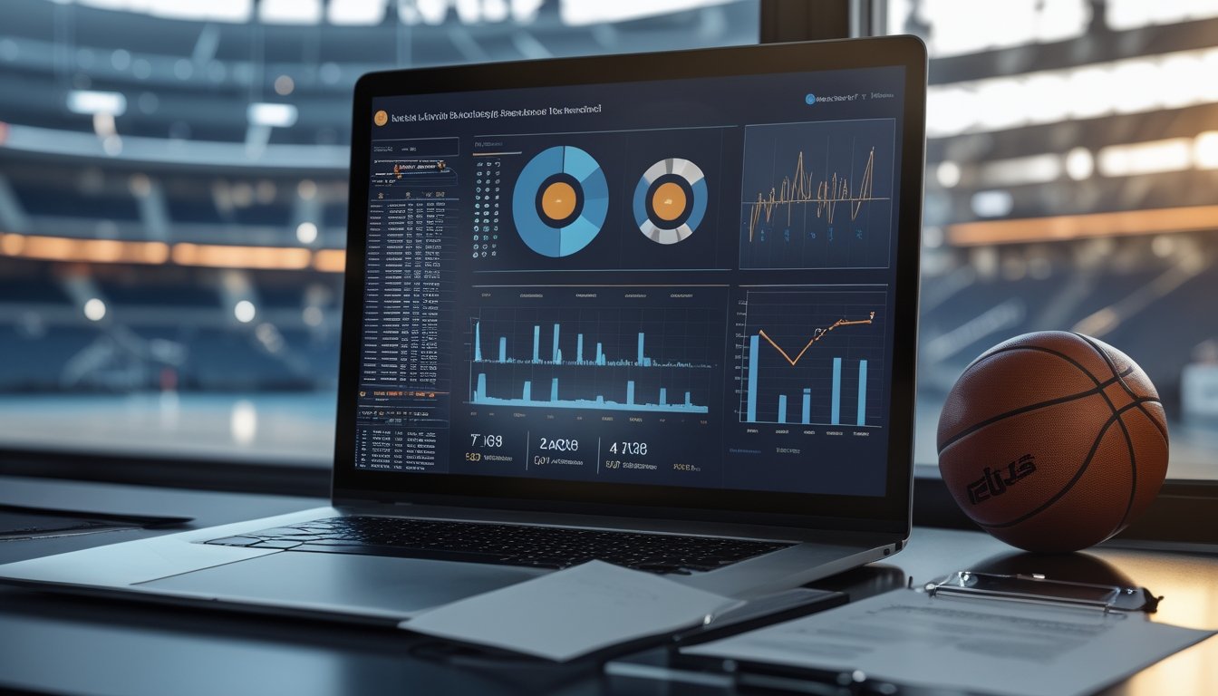 Meja kerja dengan laptop berisi grafik analisis bola basket, bola basket, dan lapangan di latar belakang.