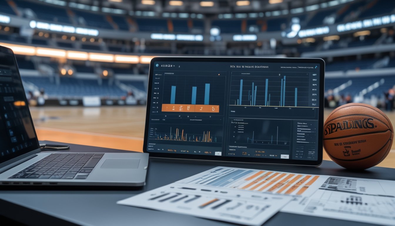 Meja analisis dengan bola basket, perangkat digital, dan grafik statistik abstrak di depan lapangan basket.