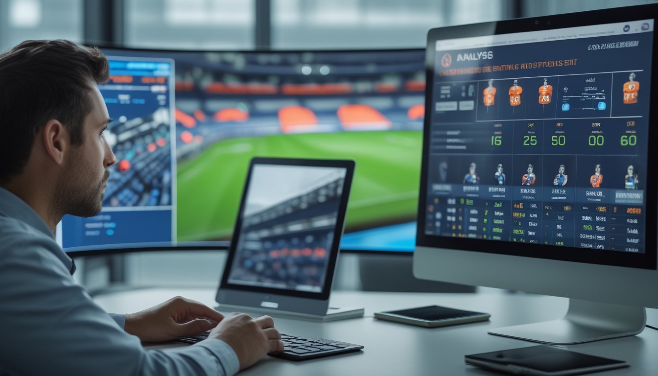 Analis olahraga memeriksa data cedera dan tren performa pemain di depan beberapa layar.