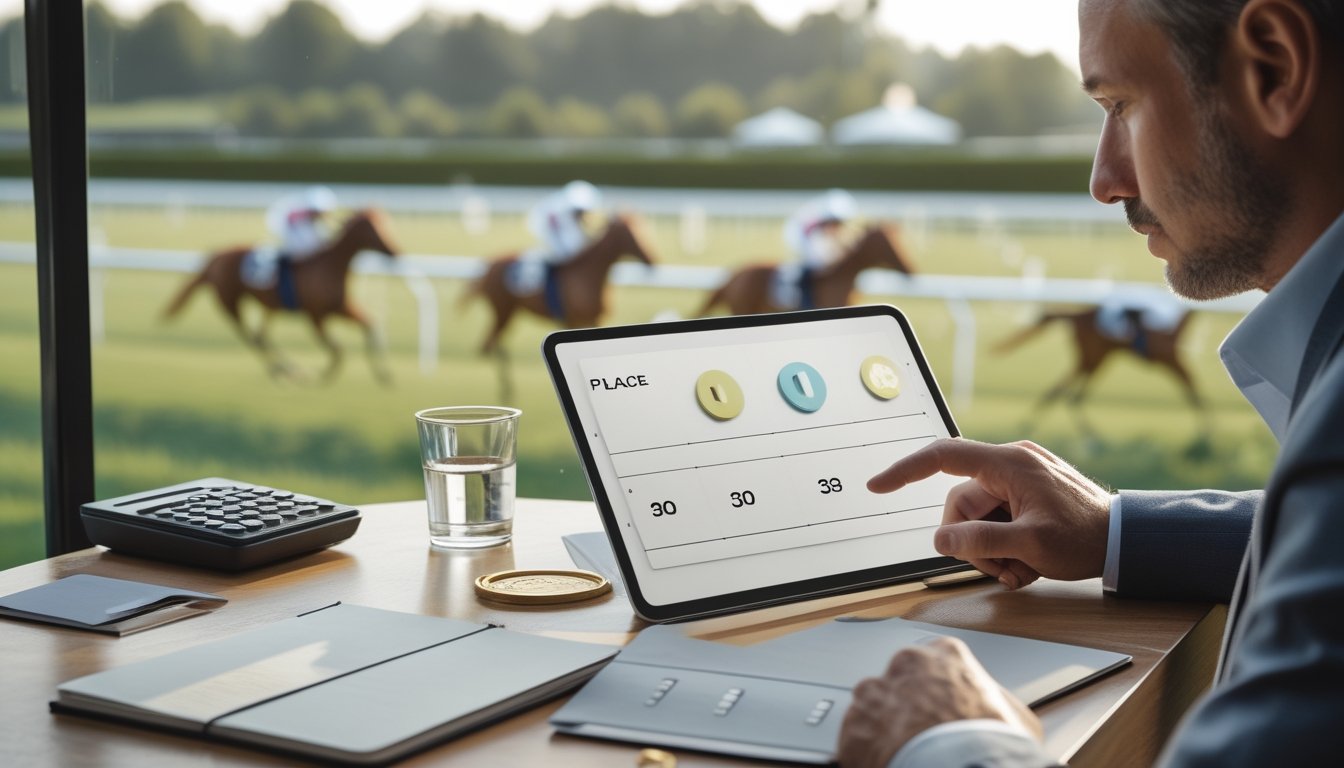 Seorang bettor meninjau strategi taruhan balap kuda dengan tiga penanda posisi di meja, sementara kuda berlari di latar belakang.